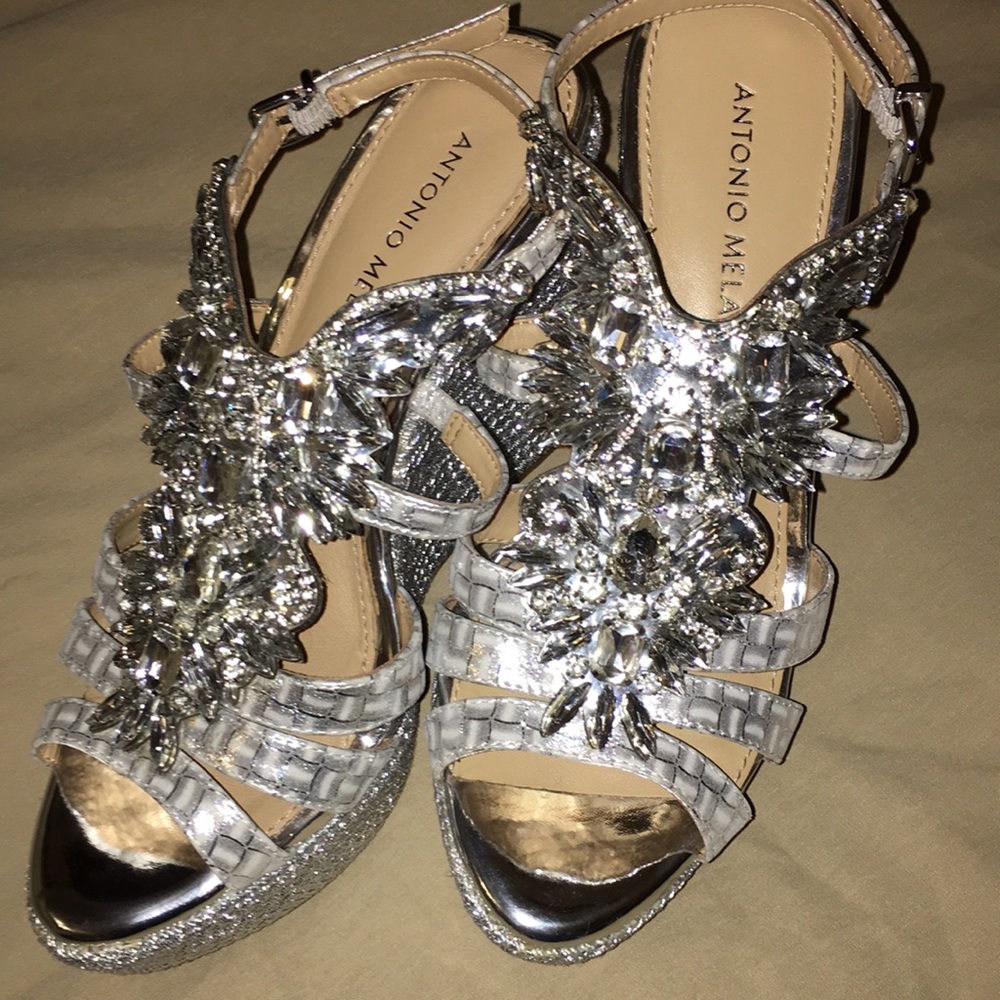 Beautiful jewel encrusted silver platform heels